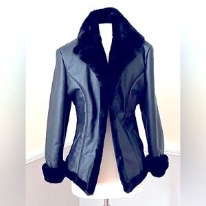 Black Leather Faux Fur Trim Women's Jacket